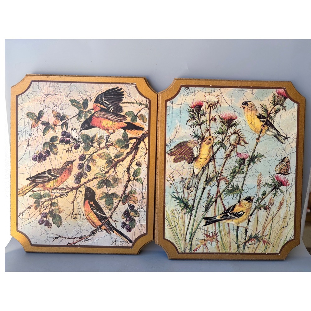 Vintage Helmut Bird Wall Plaques Set of 2 Orioles Goldfinches Gold Trim 9x10.5
